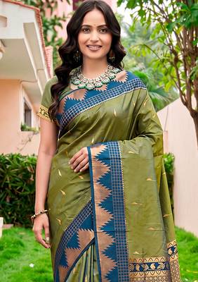Sangam prints olive green silk woven work traditional saree 2