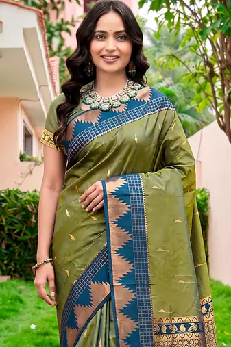 Sangam prints olive green silk woven work traditional saree