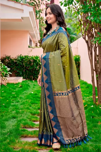 Sangam prints olive green silk woven work traditional saree