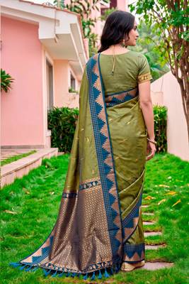 Sangam prints olive green silk woven work traditional saree 4