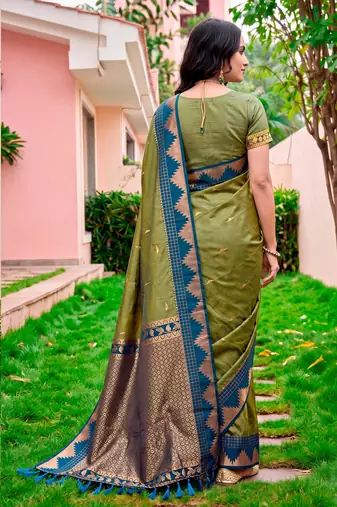Sangam prints olive green silk woven work traditional saree