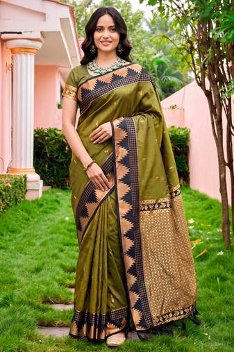 Sangam prints dark olive green silk woven work traditional saree