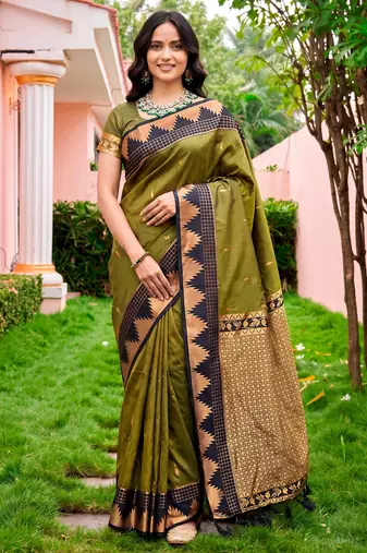 Sangam prints dark olive green silk woven work traditional saree