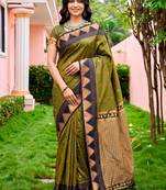 Sangam prints dark olive green silk woven work traditional saree