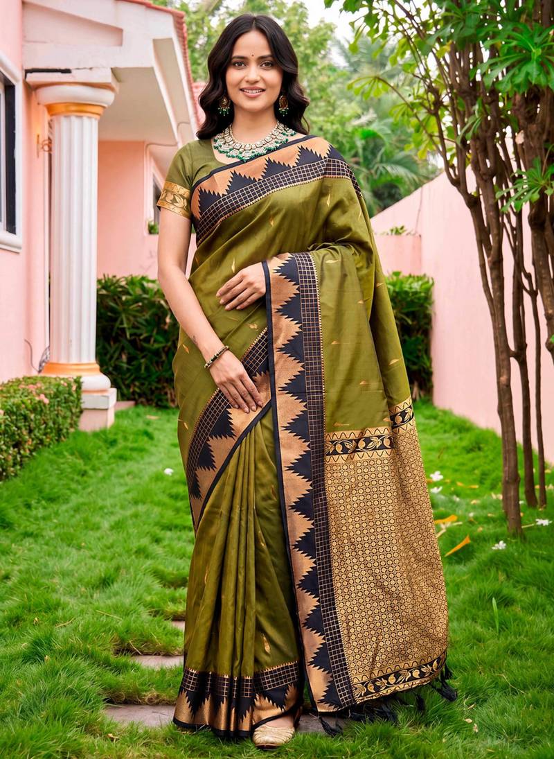 Sangam prints dark olive green silk woven work traditional saree
