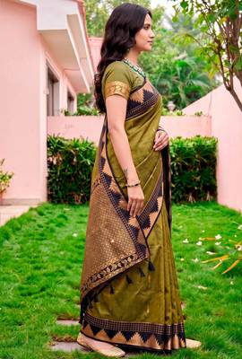 Sangam prints dark olive green silk woven work traditional saree 2