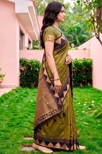 Sangam prints dark olive green silk woven work traditional saree