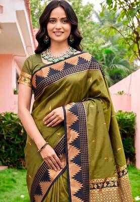 Sangam prints dark olive green silk woven work traditional saree 3