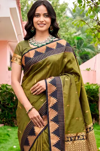 Sangam prints dark olive green silk woven work traditional saree