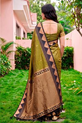 Sangam prints dark olive green silk woven work traditional saree 4