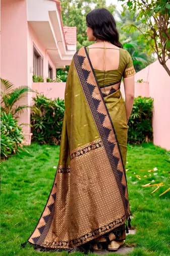 Sangam prints dark olive green silk woven work traditional saree