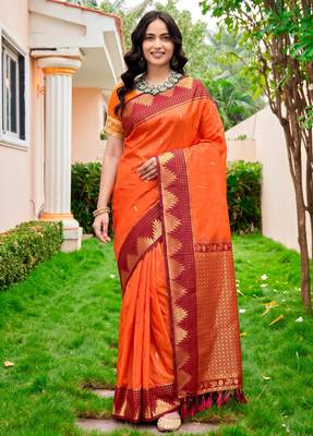 Sangam prints bright orange silk woven work traditional saree 1