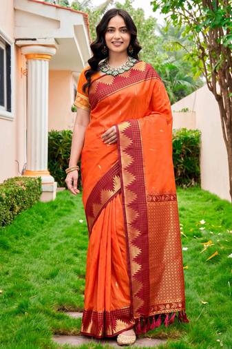 Sangam prints bright orange silk woven work traditional saree