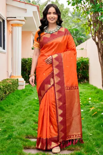 Sangam prints bright orange silk woven work traditional saree