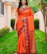 Sangam prints bright orange silk woven work traditional saree