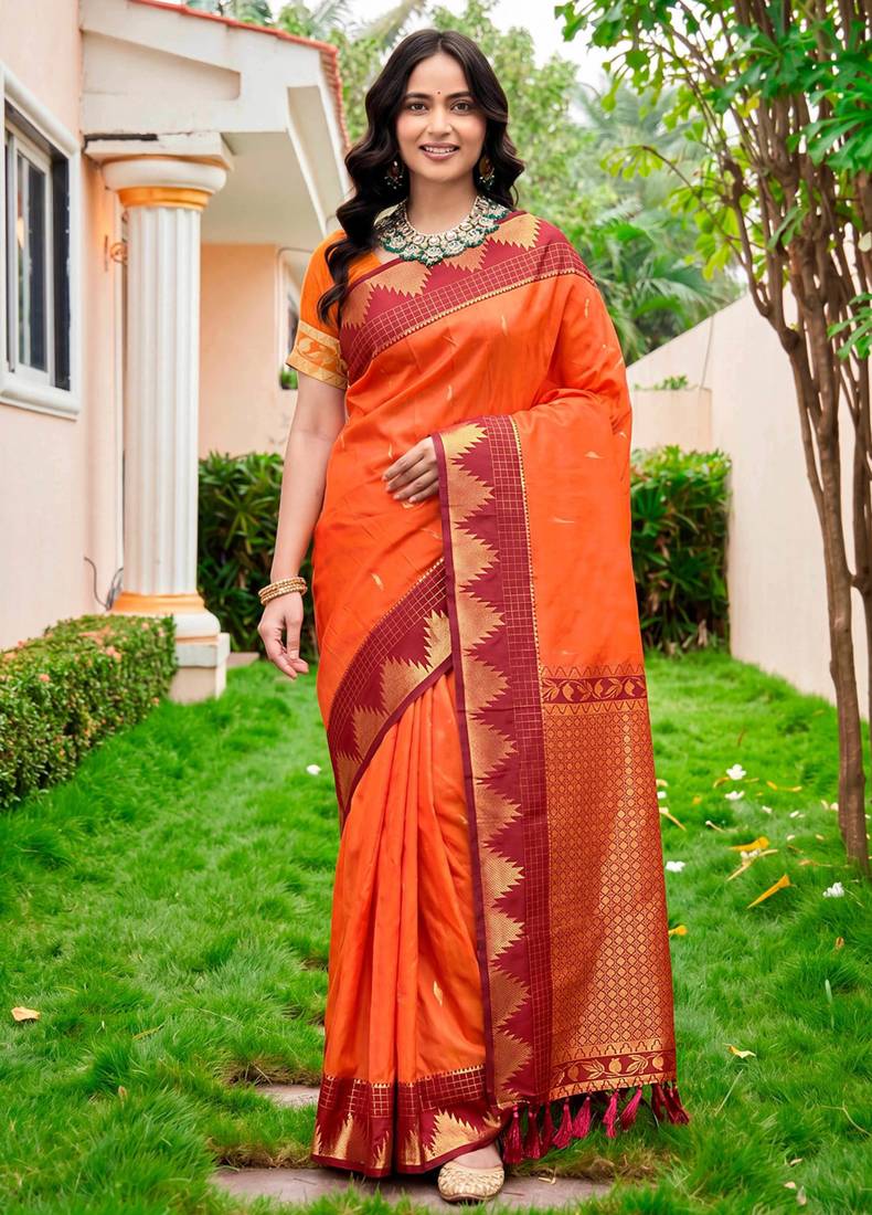 Sangam prints bright orange silk woven work traditional saree