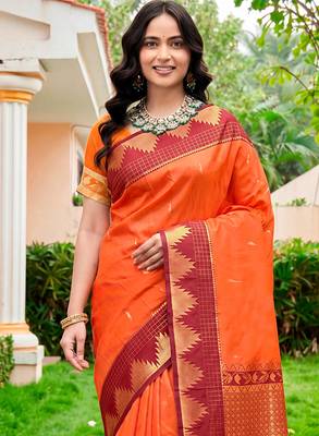 Sangam prints bright orange silk woven work traditional saree 3
