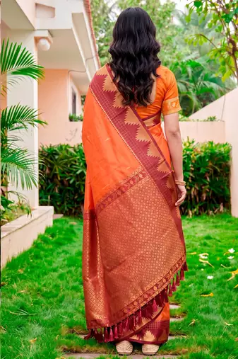 Sangam prints bright orange silk woven work traditional saree