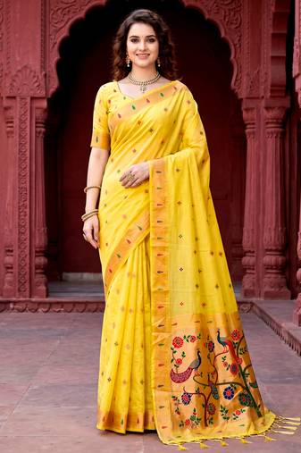 Sangam prints yellow cotton blend woven work traditional saree