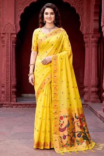 Sangam prints yellow cotton blend woven work traditional saree