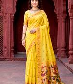 Sangam prints yellow cotton blend woven work traditional saree