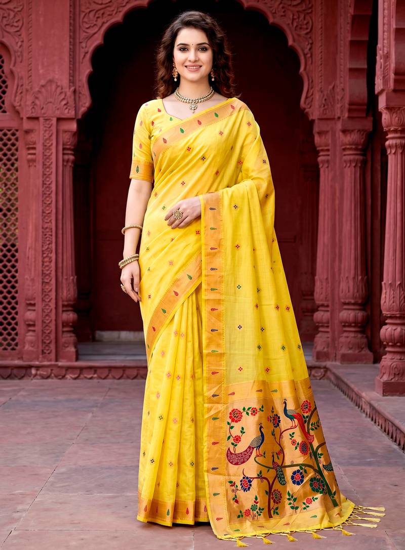 Sangam prints yellow cotton blend woven work traditional saree