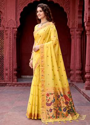 Sangam prints yellow cotton blend woven work traditional saree 2