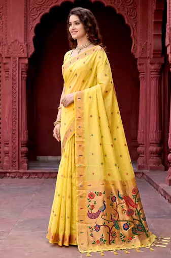 Sangam prints yellow cotton blend woven work traditional saree