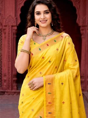 Sangam prints yellow cotton blend woven work traditional saree 3