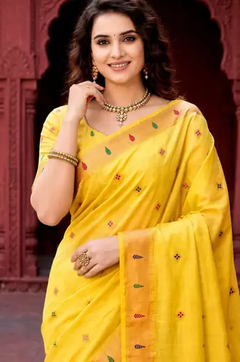 Sangam prints yellow cotton blend woven work traditional saree