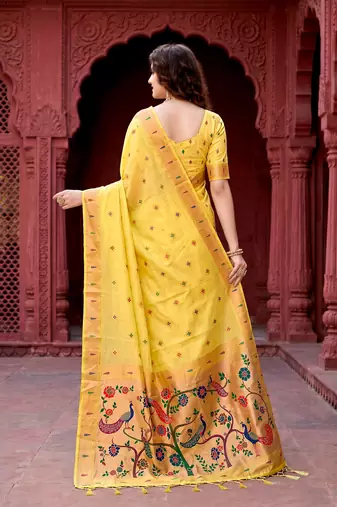 Sangam prints yellow cotton blend woven work traditional saree