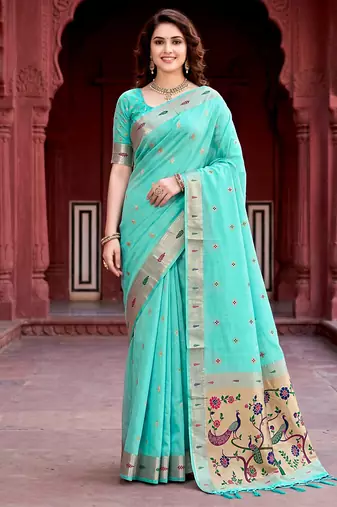 Sangam prints aqua green cotton blend woven work traditional saree