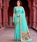 Sangam prints aqua green cotton blend woven work traditional saree
