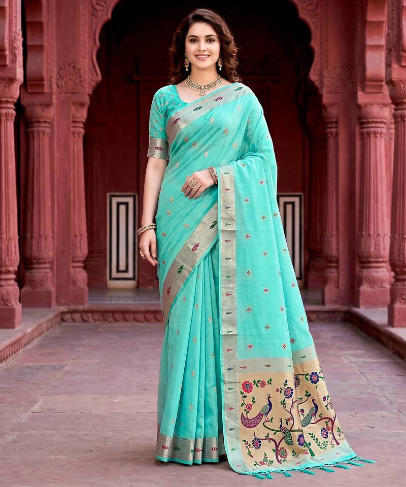 Sangam prints aqua green cotton blend woven work traditional saree