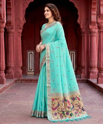 Sangam prints aqua green cotton blend woven work traditional saree 2