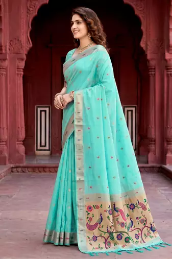 Sangam prints aqua green cotton blend woven work traditional saree