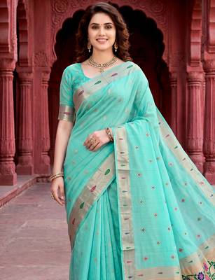 Sangam prints aqua green cotton blend woven work traditional saree 3