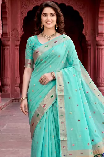 Sangam prints aqua green cotton blend woven work traditional saree