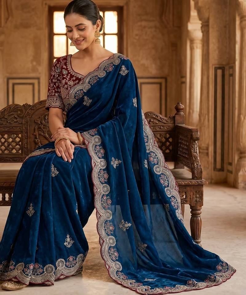 Royal Blue Color embroidery And sequence work Satin Saree