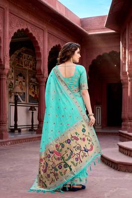 Sangam prints aqua green cotton blend woven work traditional saree 4