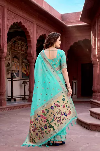 Sangam prints aqua green cotton blend woven work traditional saree