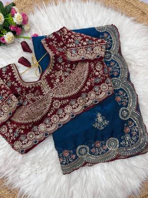 Royal Blue Color embroidery And sequence work Satin Saree 3