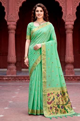 Sangam prints mint green cotton blend woven work traditional saree