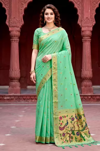 Sangam prints mint green cotton blend woven work traditional saree