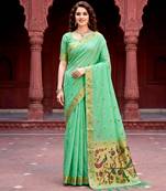 Sangam prints mint green cotton blend woven work traditional saree