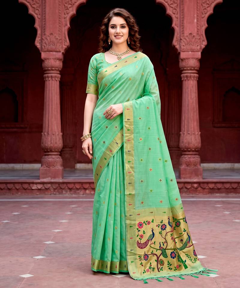 Sangam prints mint green cotton blend woven work traditional saree