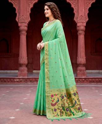 Sangam prints mint green cotton blend woven work traditional saree 2