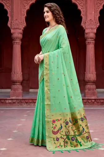 Sangam prints mint green cotton blend woven work traditional saree