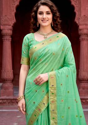Sangam prints mint green cotton blend woven work traditional saree 3