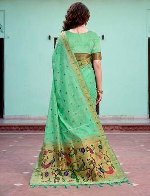 Sangam prints mint green cotton blend woven work traditional saree 4